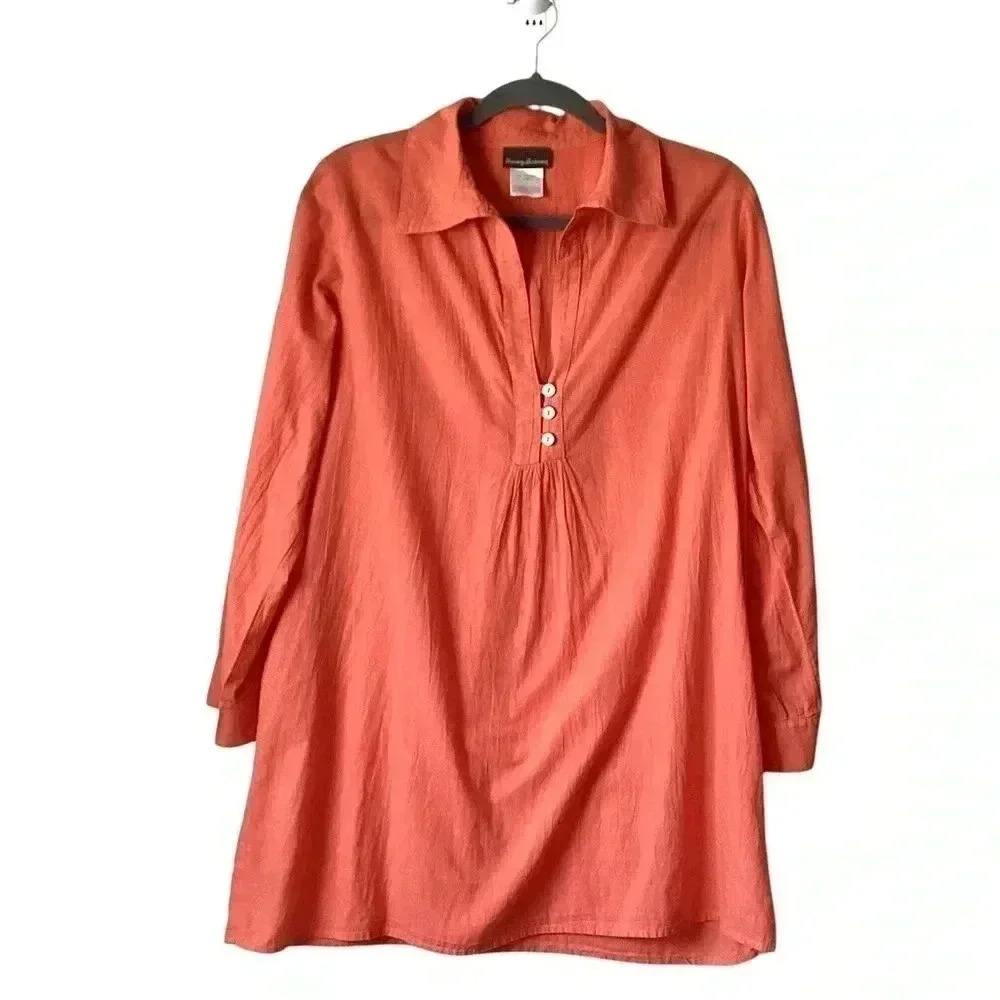 Tommy Bahama Orange Gauze Long Sleeve 100% cotton Tunic Top Size XS